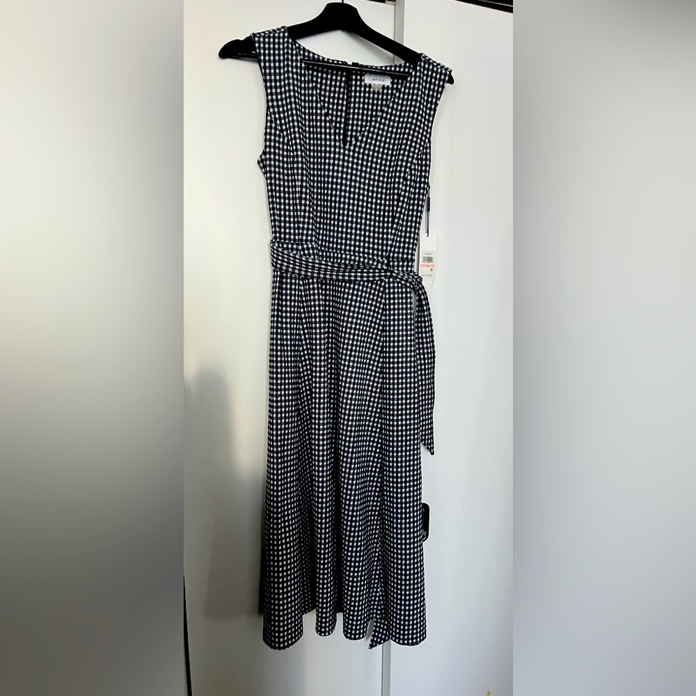 Calvin Klein Asymmetrical Dress- Navy Blue & White Houndstooth Dress